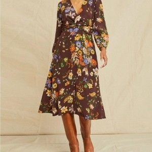 Amour Vert | Brown Floral Etta A-Line 100% Silk Midi Dress V-Neck Pockets Small
